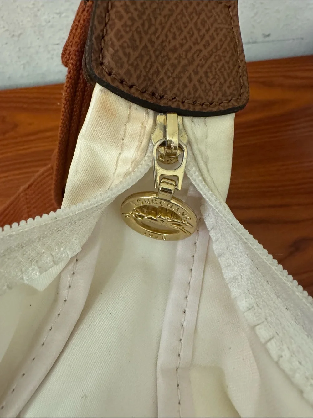 Longchamp White Shoulder Bag with Brown Strap and Trim